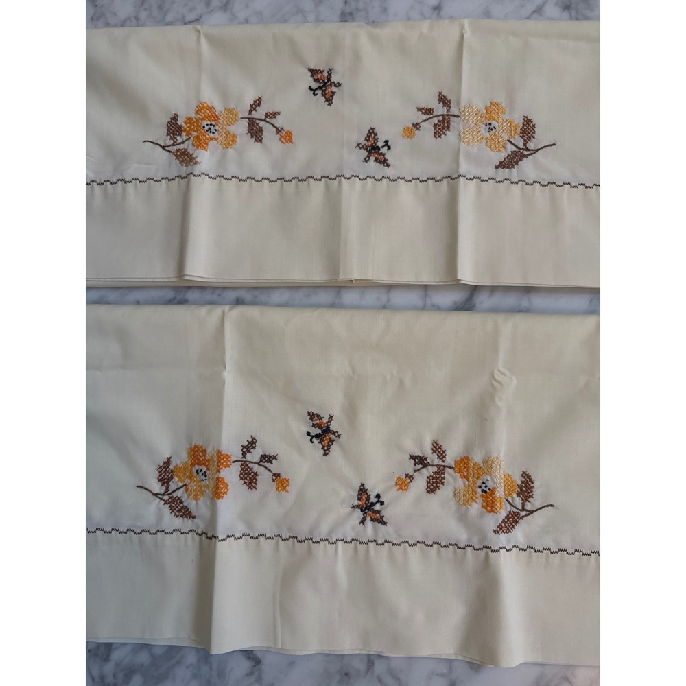 Vintage Wamsutta Ultracale Standard Pillowcase Set Cross Stitch Floral Butterfly